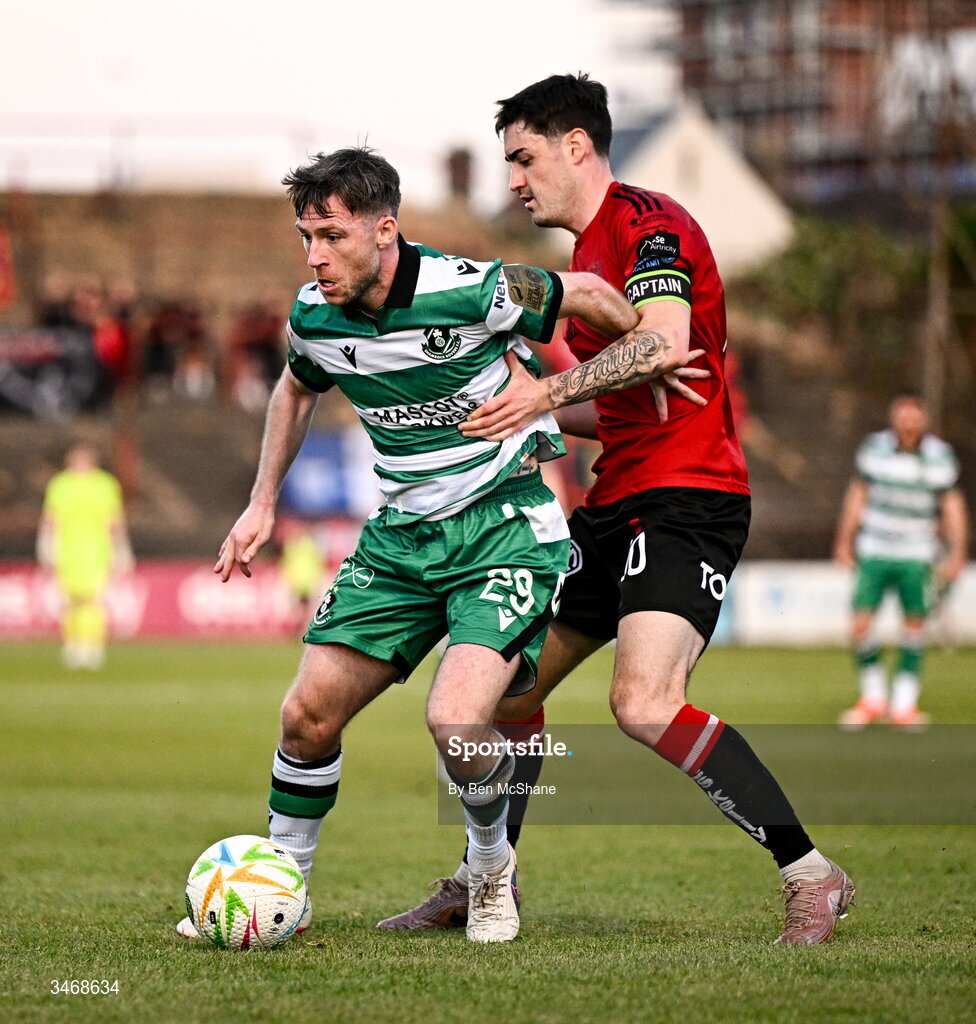 25 May 2026; Jack Byrne of Shamrock Rovers in action against Dawson Devoy of Bohemians during the SSE Airtricity Men’s Premier Division match between Bohemians and Shamrock Rovers at Dalymount Park in Dublin. Photo by Ben McShane/Sportsfile