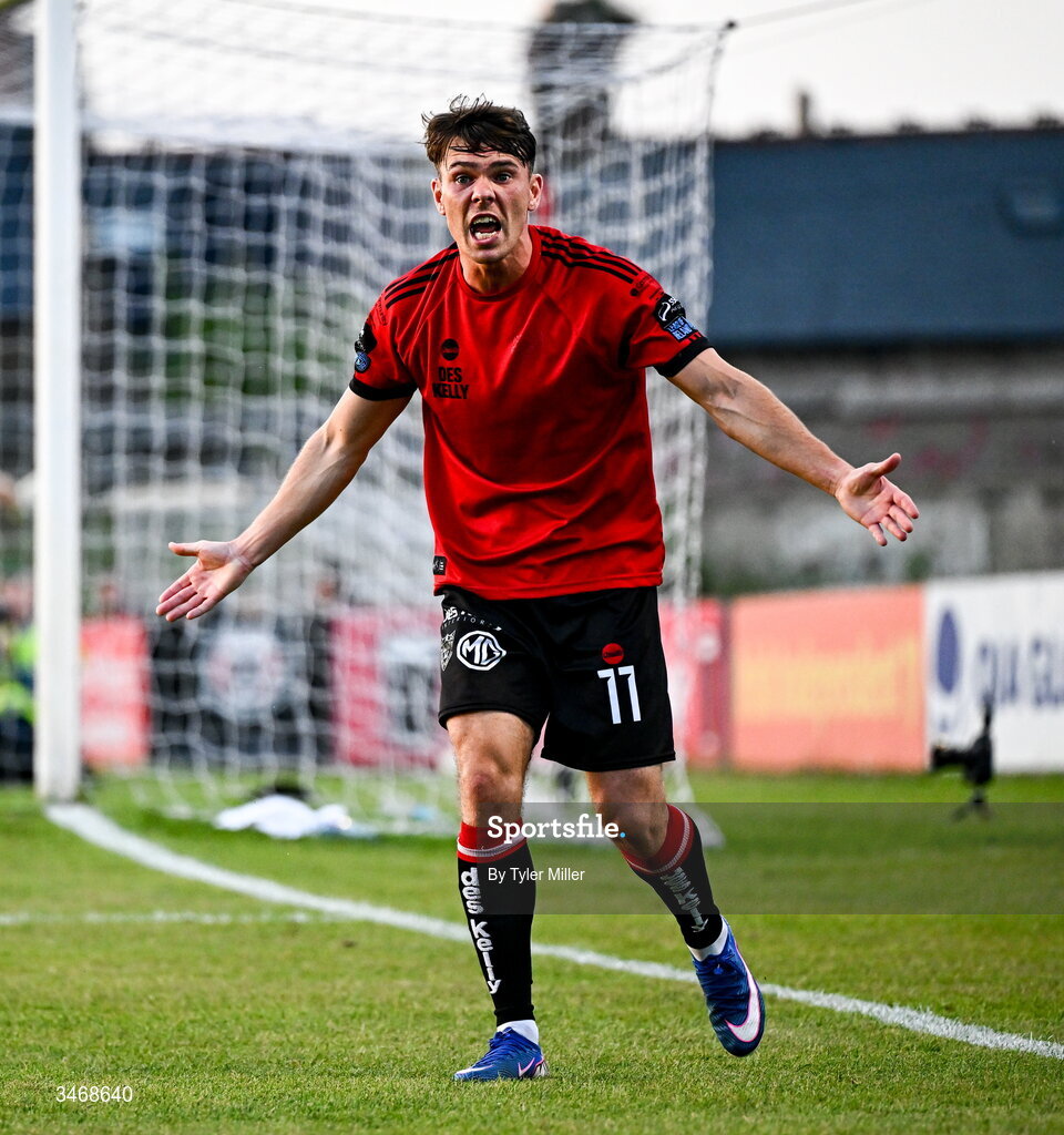 25 May 2026; Dayle Rooney of Bohemians reacts during the SSE Airtricity Men’s Premier Division match between Bohemians and Shamrock Rovers at Dalymount Park in Dublin. Photo by Tyler Miller/Sportsfile
