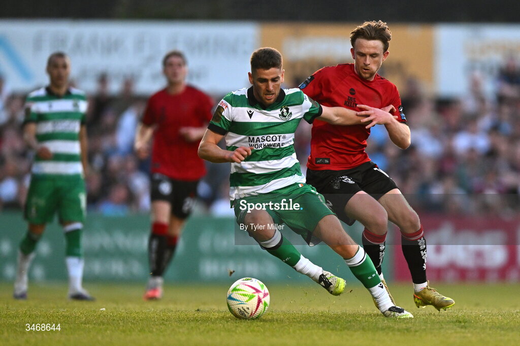 25 May 2026; Dylan Watts of Shamrock Rovers in action against Darragh Power of Bohemians during the SSE Airtricity Men’s Premier Division match between Bohemians and Shamrock Rovers at Dalymount Park in Dublin. Photo by Tyler Miller/Sportsfile