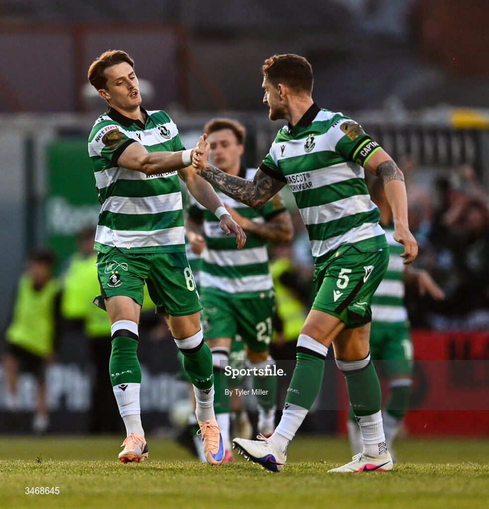 25 May 2026; John McGovern of Shamrock Rovers, left, celebrates with team-mate Lee Grace after scoring their side's first goal during the SSE Airtricity Men’s Premier Division match between Bohemians and Shamrock Rovers at Dalymount Park in Dublin. Photo by Tyler Miller/Sportsfile
