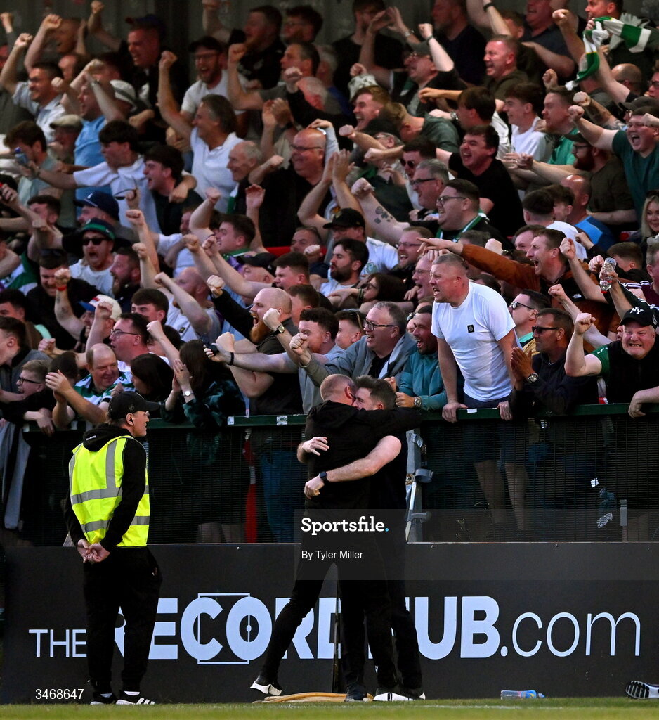 25 May 2026; Shamrock Rovers manager Stephen Bradley, right, celebrates with Shamrock Rovers assistant coach Glenn Cronin after John McGovern, not pictured, scored their side's first goal during the SSE Airtricity Men’s Premier Division match between Bohemians and Shamrock Rovers at Dalymount Park in Dublin. Photo by Tyler Miller/Sportsfile