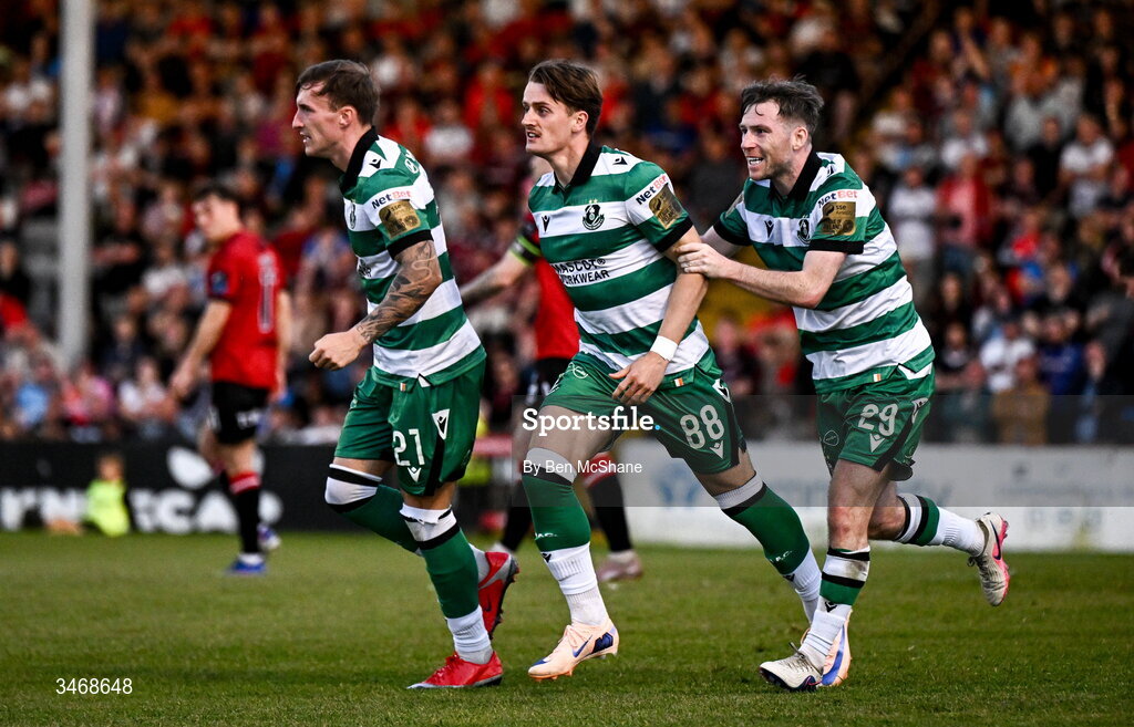 25 May 2026; John McGovern of Shamrock Rovers celebrates with teammates Danny Grant, left, and Jack Byrne after scoring their side's first goal during the SSE Airtricity Men’s Premier Division match between Bohemians and Shamrock Rovers at Dalymount Park in Dublin. Photo by Ben McShane/Sportsfile