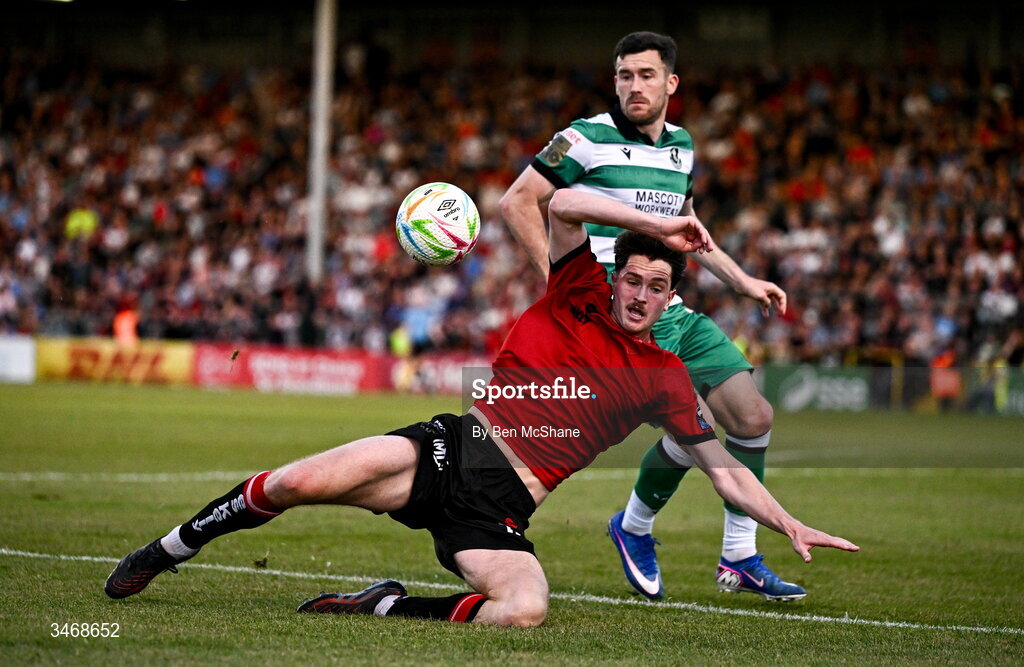 25 May 2026; Patrick Hickey of Bohemians is fouled by Aaron Greene of Shamrock Rovers during the SSE Airtricity Men’s Premier Division match between Bohemians and Shamrock Rovers at Dalymount Park in Dublin. Photo by Ben McShane/Sportsfile