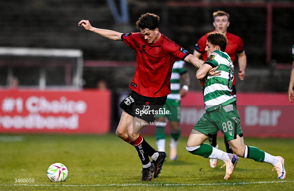 25 May 2026; Patrick Hickey of Bohemians in action against John McGovern of Shamrock Rovers during the SSE Airtricity Men’s Premier Division match between Bohemians and Shamrock Rovers at Dalymount Park in Dublin. Photo by Ben McShane/Sportsfile