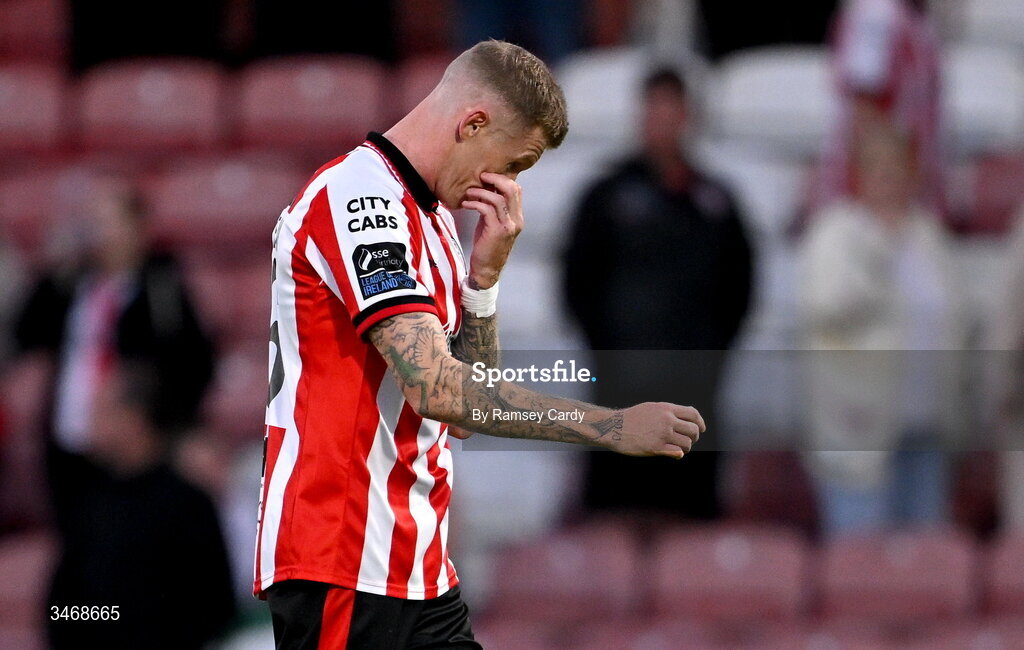 25 May 2026; James McClean of Derry City after his side's draw in the SSE Airtricity Men’s Premier Division match between Derry City and Shelbourne at Find Insurance Celtic Park in Derry. Photo by Ramsey Cardy/Sportsfile