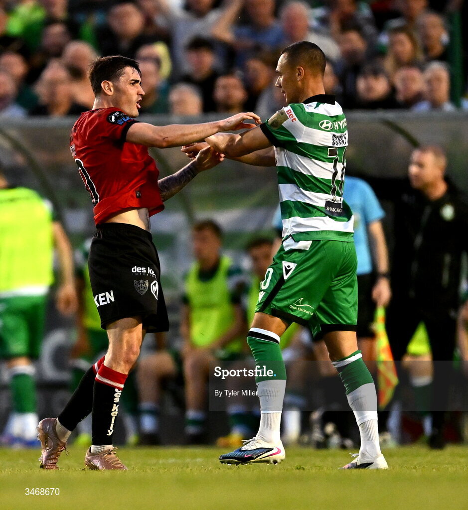 25 May 2026; Dawson Devoy of Bohemians tussles with Graham Burke of Shamrock Rovers during the SSE Airtricity Men’s Premier Division match between Bohemians and Shamrock Rovers at Dalymount Park in Dublin. Photo by Tyler Miller/Sportsfile