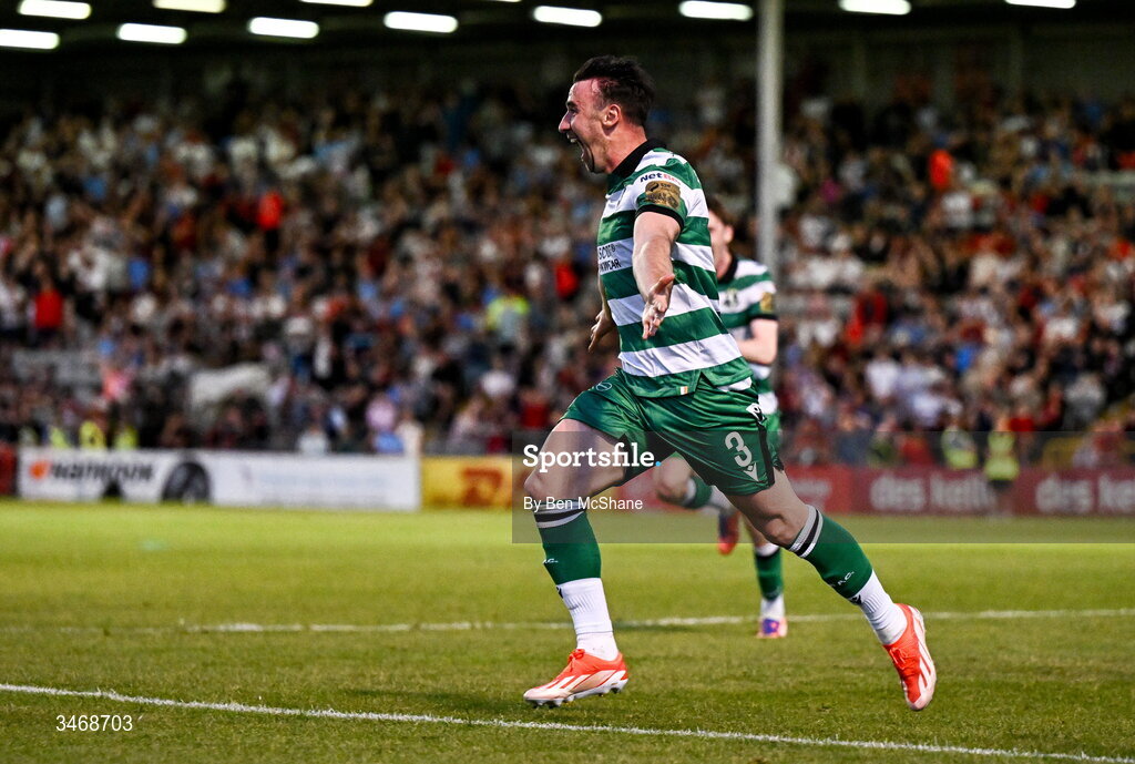25 May 2026; Enda Stevens of Shamrock Rovers celebrates after scoring his side's second goal during the SSE Airtricity Men’s Premier Division match between Bohemians and Shamrock Rovers at Dalymount Park in Dublin. Photo by Ben McShane/Sportsfile