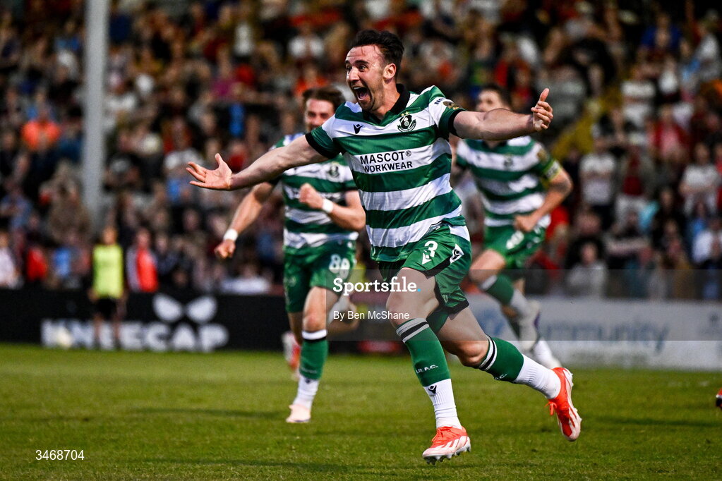 25 May 2026; Enda Stevens of Shamrock Rovers celebrates after scoring his side's second goal during the SSE Airtricity Men’s Premier Division match between Bohemians and Shamrock Rovers at Dalymount Park in Dublin. Photo by Ben McShane/Sportsfile