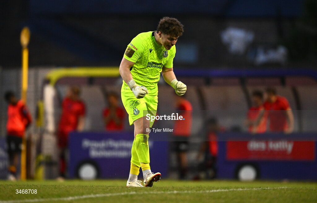 25 May 2026; Shamrock Rovers goalkeeper Ed McGinty celebrates after his side scored their second goal during the SSE Airtricity Men’s Premier Division match between Bohemians and Shamrock Rovers at Dalymount Park in Dublin. Photo by Tyler Miller/Sportsfile