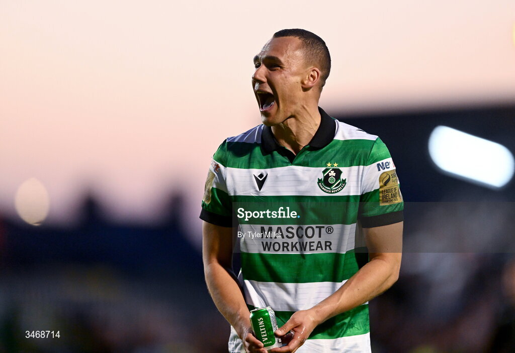 25 May 2026; Graham Burke of Shamrock Rovers catches a can of drink thrown onto the pitch after the SSE Airtricity Men’s Premier Division match between Bohemians and Shamrock Rovers at Dalymount Park in Dublin. Photo by Tyler Miller/Sportsfile