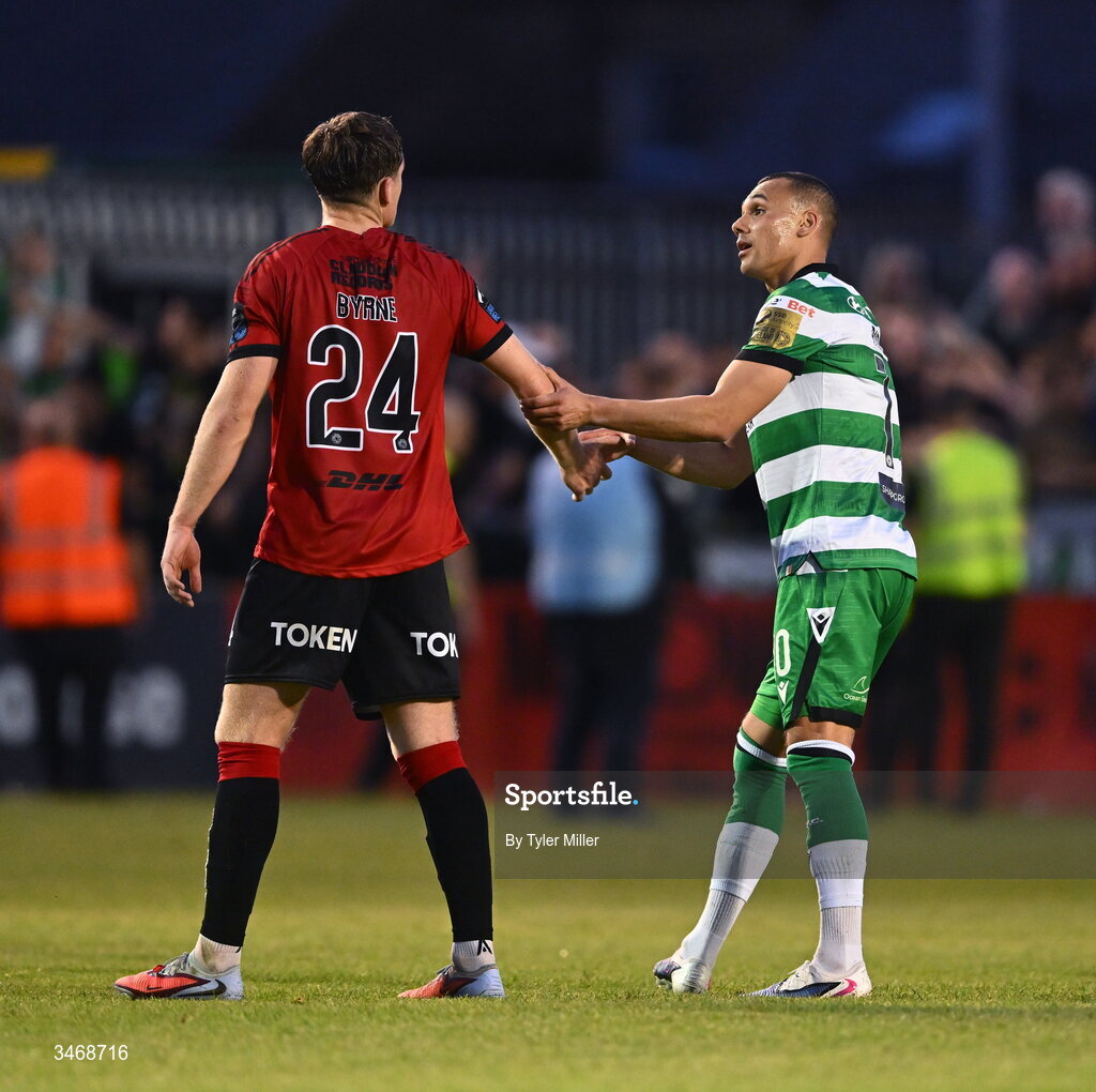 25 May 2026; Graham Burke of Shamrock Rovers shakeshands with Cian Byrne of Bohemians after the SSE Airtricity Men’s Premier Division match between Bohemians and Shamrock Rovers at Dalymount Park in Dublin. Photo by Tyler Miller/Sportsfile