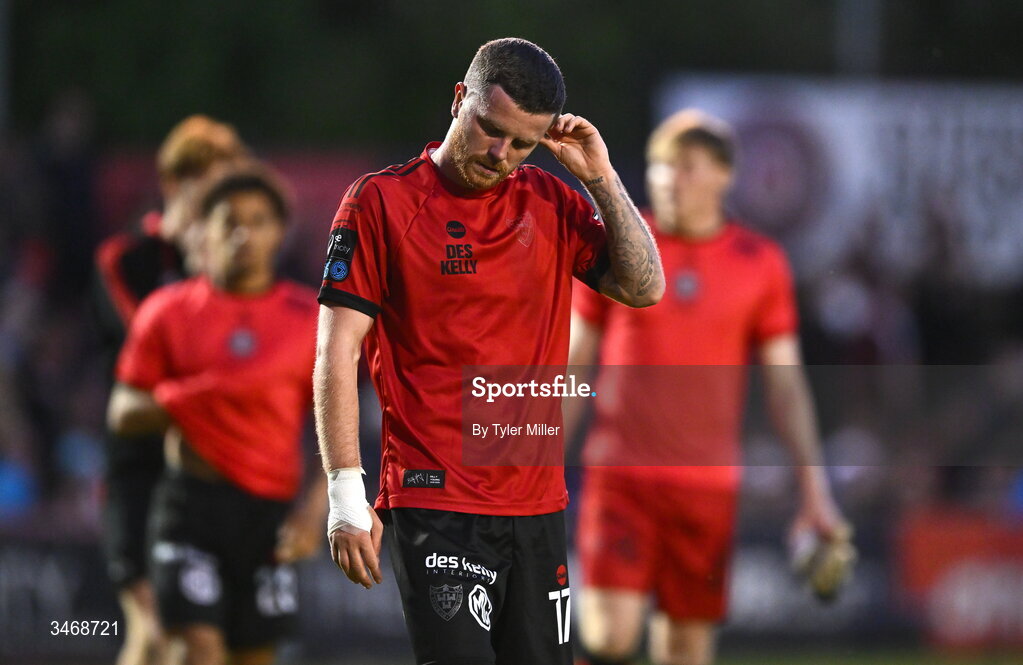 25 May 2026; Adam McDonnell of Bohemians reacts after the SSE Airtricity Men’s Premier Division match between Bohemians and Shamrock Rovers at Dalymount Park in Dublin. Photo by Tyler Miller/Sportsfile