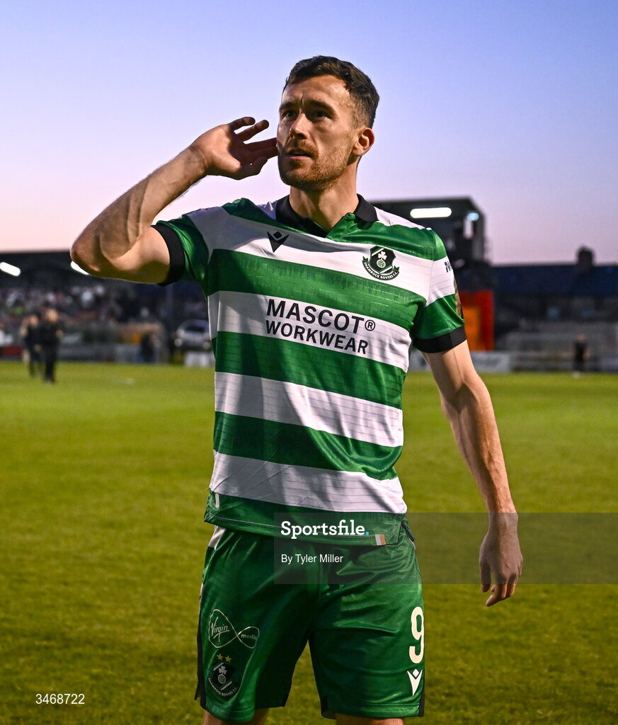 25 May 2026; Aaron Greene of Shamrock Rovers gestures to Bohemians supporters after the SSE Airtricity Men’s Premier Division match between Bohemians and Shamrock Rovers at Dalymount Park in Dublin. Photo by Tyler Miller/Sportsfile