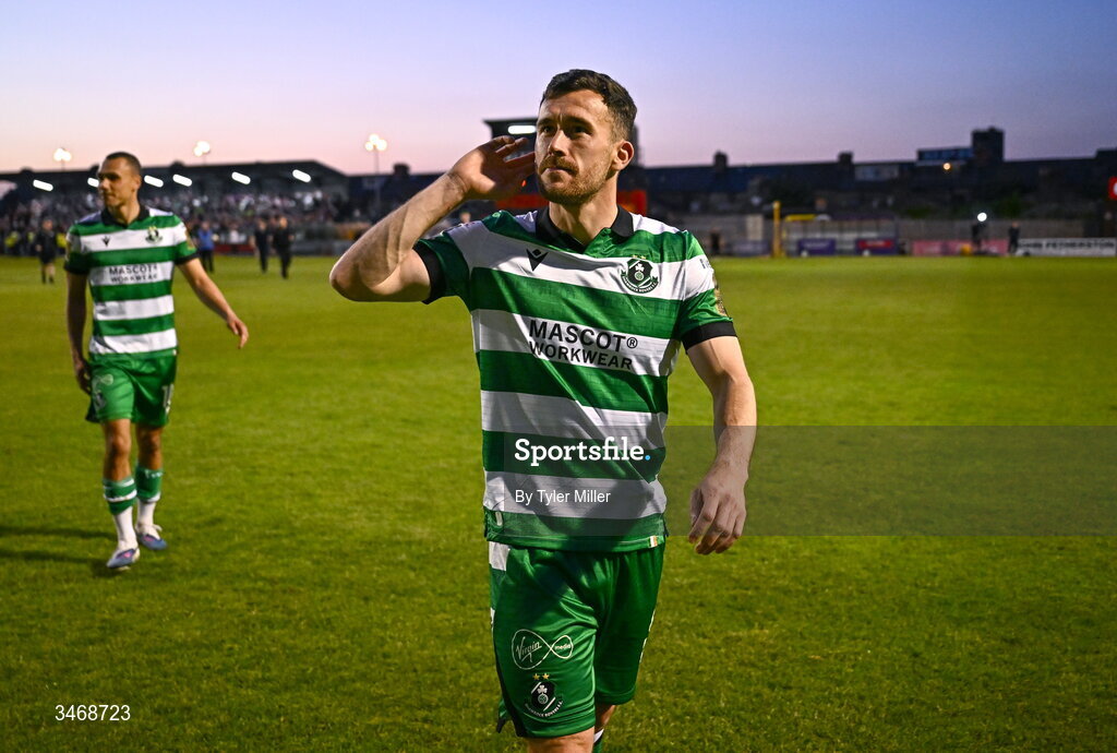 25 May 2026; Aaron Greene of Shamrock Rovers gestures to Bohemians supporters after the SSE Airtricity Men’s Premier Division match between Bohemians and Shamrock Rovers at Dalymount Park in Dublin. Photo by Tyler Miller/Sportsfile