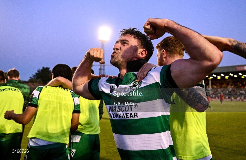 25 May 2026; Enda Stevens of Shamrock Rovers celebrates after scoring his side's winning goal during the SSE Airtricity Men’s Premier Division match between Bohemians and Shamrock Rovers at Dalymount Park in Dublin. Photo by Ben McShane/Sportsfile