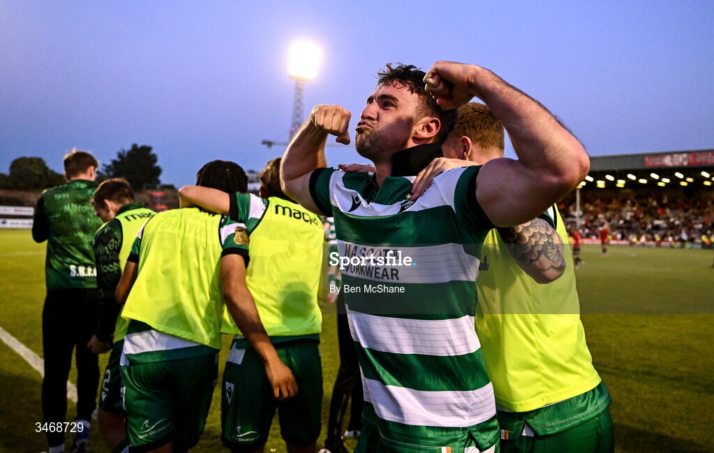 25 May 2026; Enda Stevens of Shamrock Rovers celebrates after scoring his side's winning goal during the SSE Airtricity Men’s Premier Division match between Bohemians and Shamrock Rovers at Dalymount Park in Dublin. Photo by Ben McShane/Sportsfile