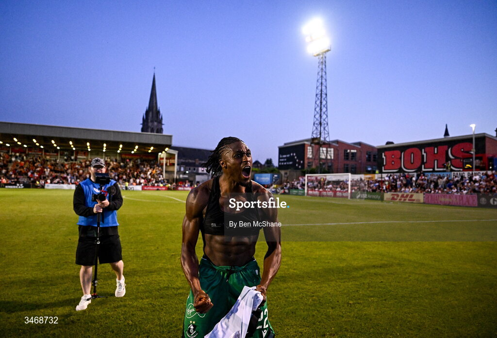 25 May 2026; Tunmise Sobowale of Shamrock Rovers celebrates after the SSE Airtricity Men’s Premier Division match between Bohemians and Shamrock Rovers at Dalymount Park in Dublin. Photo by Ben McShane/Sportsfile