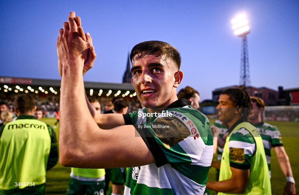 25 May 2026; John O'Sullivan of Shamrock Rovers celebrates after the SSE Airtricity Men’s Premier Division match between Bohemians and Shamrock Rovers at Dalymount Park in Dublin. Photo by Ben McShane/Sportsfile