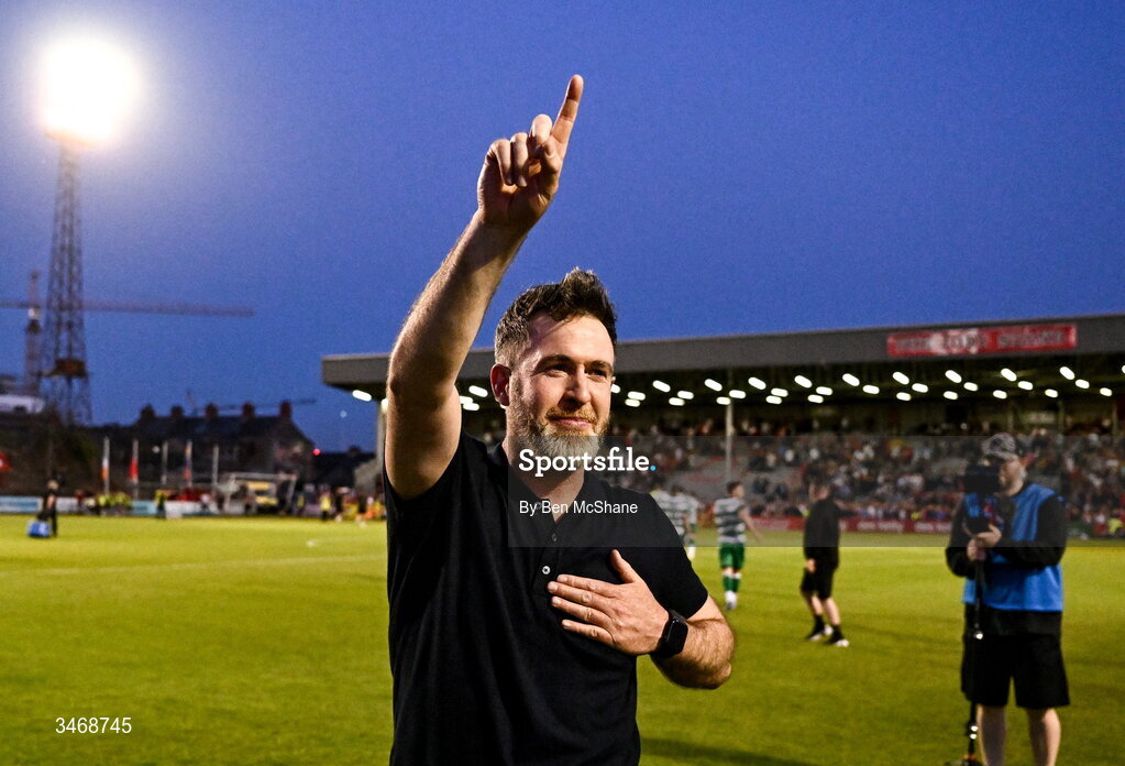 25 May 2026; Shamrock Rovers manager Stephen Bradley celebrates after the SSE Airtricity Men’s Premier Division match between Bohemians and Shamrock Rovers at Dalymount Park in Dublin. Photo by Ben McShane/Sportsfile