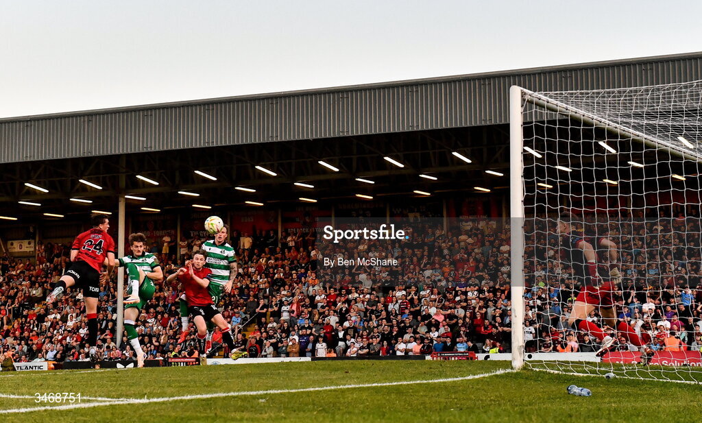 25 May 2026; John McGovern of Shamrock Rovers heads to score his side's first goal during the SSE Airtricity Men’s Premier Division match between Bohemians and Shamrock Rovers at Dalymount Park in Dublin. Photo by Ben McShane/Sportsfile