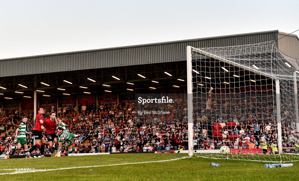 25 May 2026; John McGovern of Shamrock Rovers heads to score his side's first goal past Bohemians goalkeeper Kacper Chorazka during the SSE Airtricity Men’s Premier Division match between Bohemians and Shamrock Rovers at Dalymount Park in Dublin. Photo by Ben McShane/Sportsfile