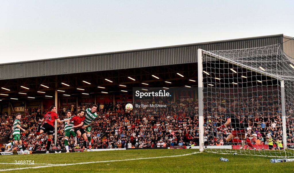 25 May 2026; John McGovern of Shamrock Rovers heads to score his side's first goal during the SSE Airtricity Men’s Premier Division match between Bohemians and Shamrock Rovers at Dalymount Park in Dublin. Photo by Ben McShane/Sportsfile