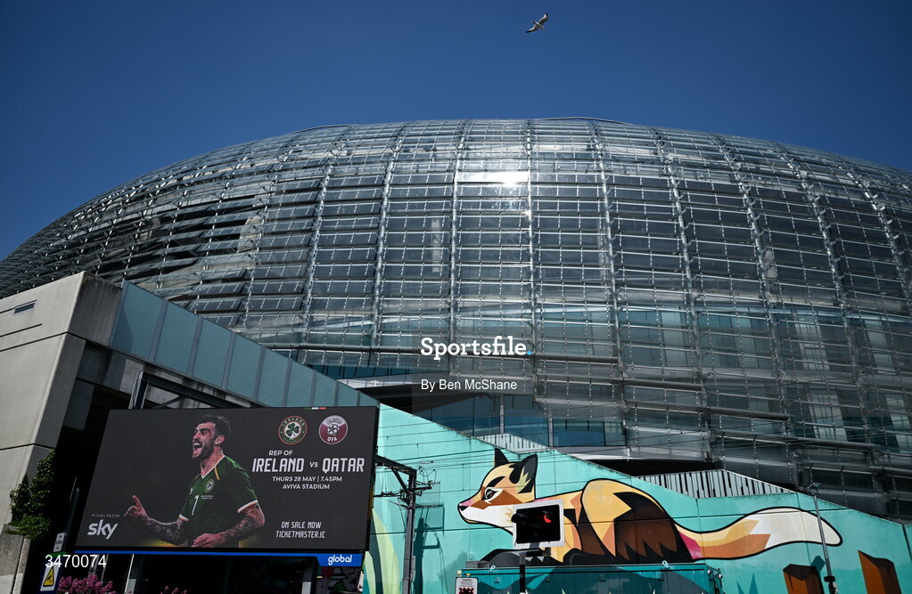 28 May 2026; Match details are seen near the Lansdowne Road train station outside the Aviva Stadium before the international friendly match between Republic of Ireland and Qatar at the Aviva Stadium in Dublin. Photo by Ben McShane/Sportsfile