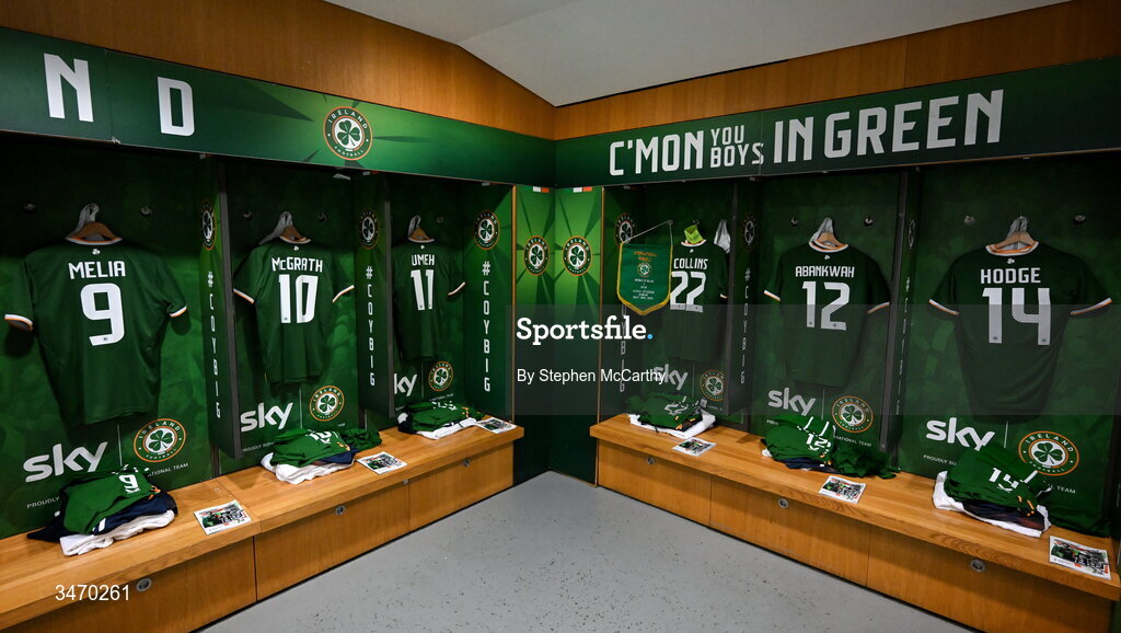 28 May 2026; A general view inside the Republic of Ireland dressing room before the international friendly match between Republic of Ireland and Qatar at the Aviva Stadium in Dublin. Photo by Stephen McCarthy/Sportsfile