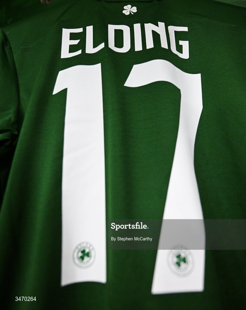 28 May 2026; The jersey of Republic of Ireland's Owen Elding hangs in the dressing room before the international friendly match between Republic of Ireland and Qatar at the Aviva Stadium in Dublin. Photo by Stephen McCarthy/Sportsfile