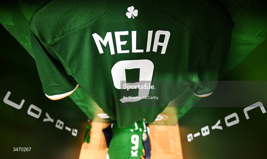 28 May 2026; The jersey of Republic of Ireland's Mason Melia hangs in the dressing room before during the international friendly match between Republic of Ireland and Qatar at the Aviva Stadium in Dublin. Photo by Stephen McCarthy/Sportsfile