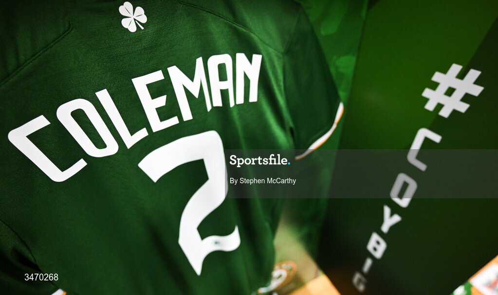 28 May 2026; The jersey of Republic of Ireland's Seamus Coleman hangs in the dressing room before the international friendly match between Republic of Ireland and Qatar at the Aviva Stadium in Dublin. Photo by Stephen McCarthy/Sportsfile