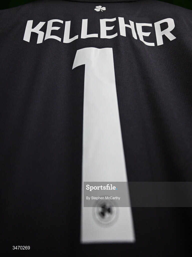 28 May 2026; The jersey of Republic of Ireland goalkeeper Caoimhin Kelleher hangs in the dressing room before the international friendly match between Republic of Ireland and Qatar at the Aviva Stadium in Dublin. Photo by Stephen McCarthy/Sportsfile