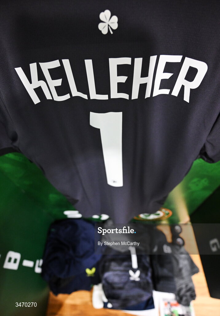 28 May 2026; The jersey of Republic of Ireland goalkeeper Caoimhin Kelleher hangs in the dressing room before the international friendly match between Republic of Ireland and Qatar at the Aviva Stadium in Dublin. Photo by Stephen McCarthy/Sportsfile
