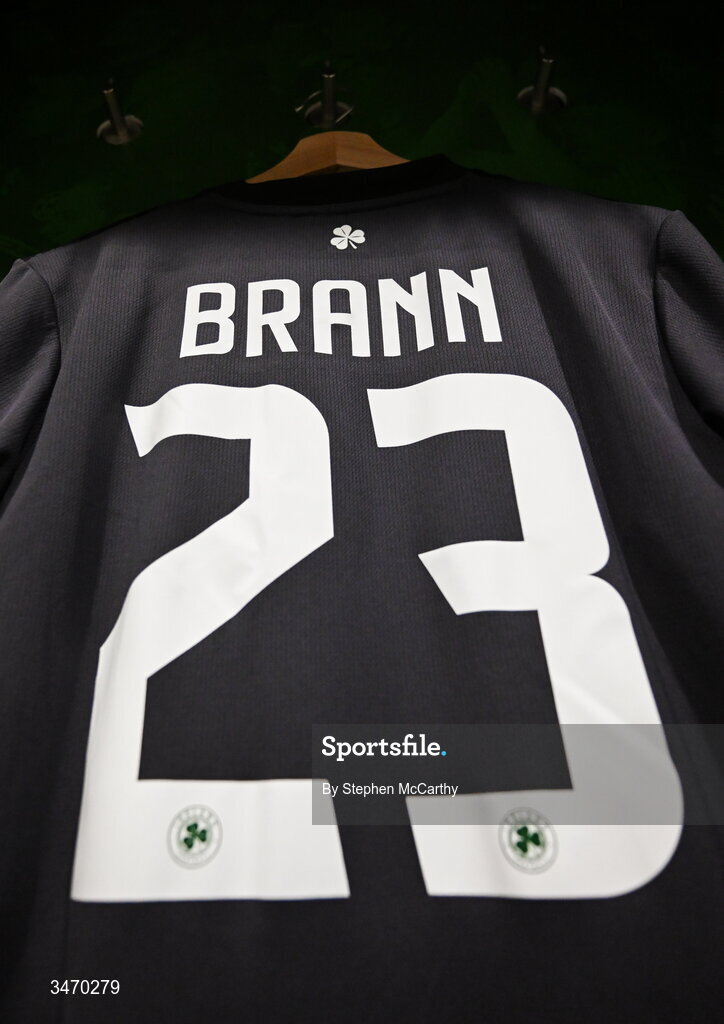 28 May 2026; The jersey of Republic of Ireland goalkeeper Conor Brann hangs in the dressing room before the international friendly match between Republic of Ireland and Qatar at the Aviva Stadium in Dublin. Photo by Stephen McCarthy/Sportsfile