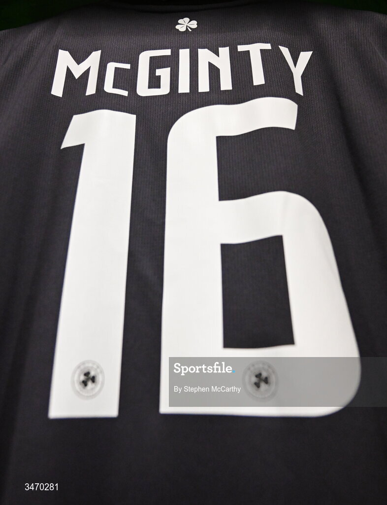 28 May 2026; The jersey of Republic of Ireland goalkeeper Ed McGinty hangs in the dressing room before the international friendly match between Republic of Ireland and Qatar at the Aviva Stadium in Dublin. Photo by Stephen McCarthy/Sportsfile
