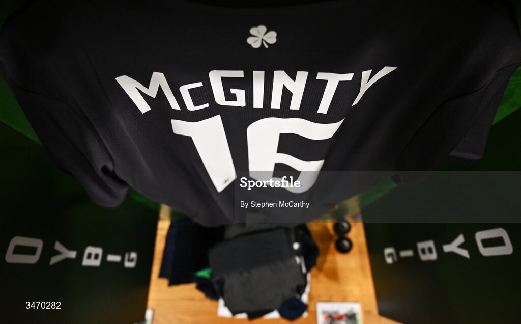 28 May 2026; The jersey of Republic of Ireland goalkeeper Ed McGinty hangs in the dressing room before the international friendly match between Republic of Ireland and Qatar at the Aviva Stadium in Dublin. Photo by Stephen McCarthy/Sportsfile