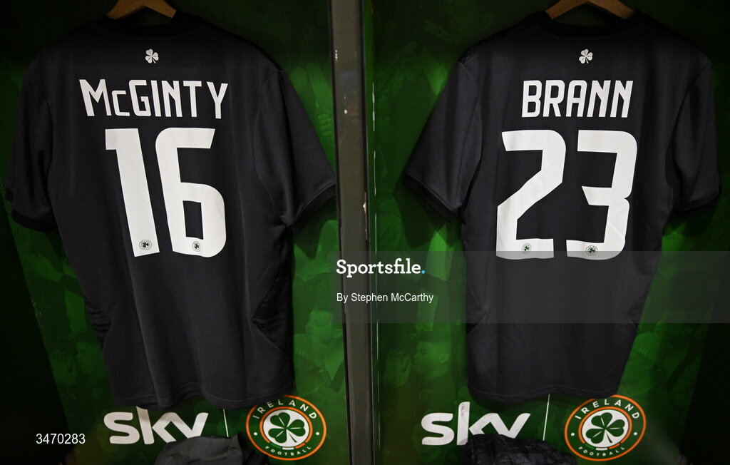 28 May 2026; The jerseys of Republic of Ireland goalkeepers Ed McGinty, left, and Conor Brann hang in the dressing room before the international friendly match between Republic of Ireland and Qatar at the Aviva Stadium in Dublin. Photo by Stephen McCarthy/Sportsfile