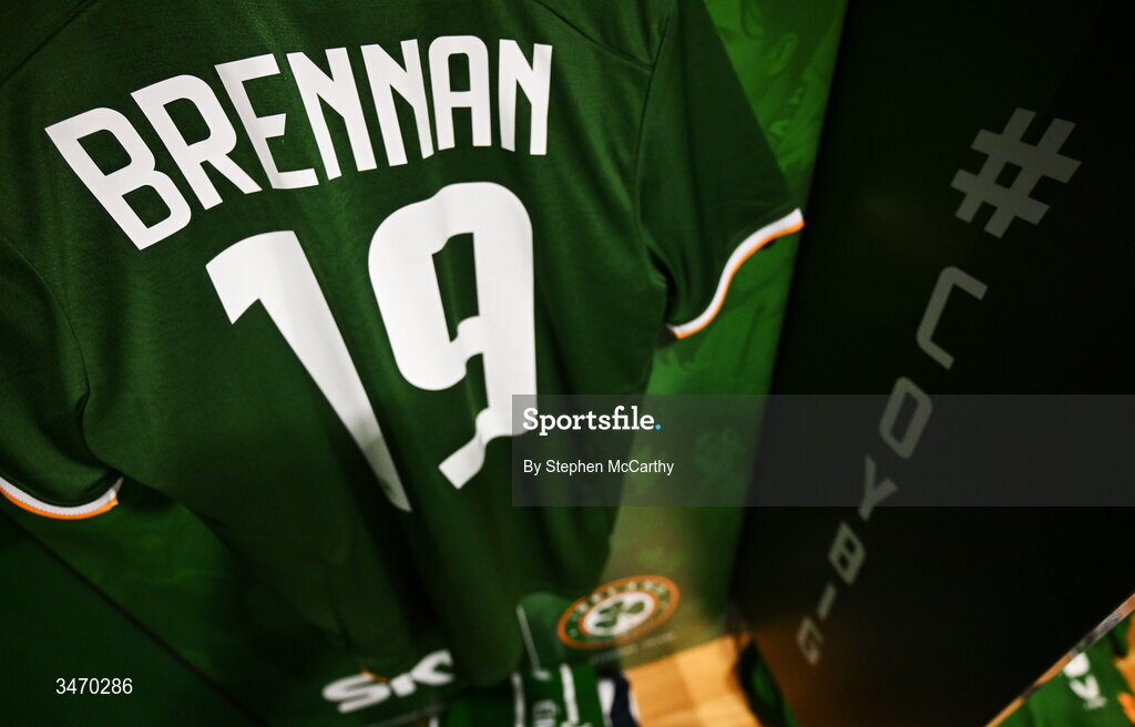28 May 2026; The jersey of Republic of Ireland's Adam Brennan hangs in the dressing room before the international friendly match between Republic of Ireland and Qatar at the Aviva Stadium in Dublin. Photo by Stephen McCarthy/Sportsfile