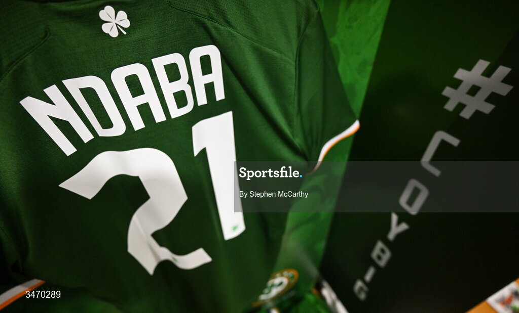 28 May 2026; The jersey of Republic of Ireland's Corrie Ndaba hangs in the dressing room before the international friendly match between Republic of Ireland and Qatar at the Aviva Stadium in Dublin. Photo by Stephen McCarthy/Sportsfile