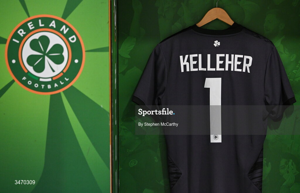28 May 2026; The jersey of Republic of Ireland goalkeeper Caoimhin Kelleher hangs in the dressing room before the international friendly match between Republic of Ireland and Qatar at the Aviva Stadium in Dublin. Photo by Stephen McCarthy/Sportsfile