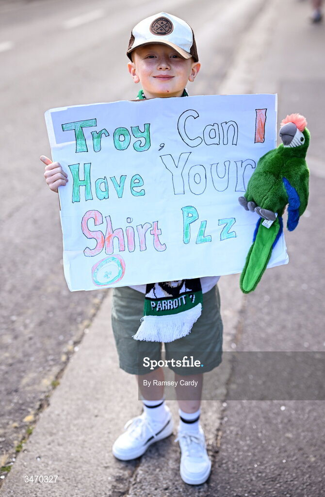 28 May 2026; Republic of Ireland supporter Fionn Ryan, age seven, from Blessington, Wicklow, before the international friendly match between Republic of Ireland and Qatar at the Aviva Stadium in Dublin. Photo by Ramsey Cardy/Sportsfile
