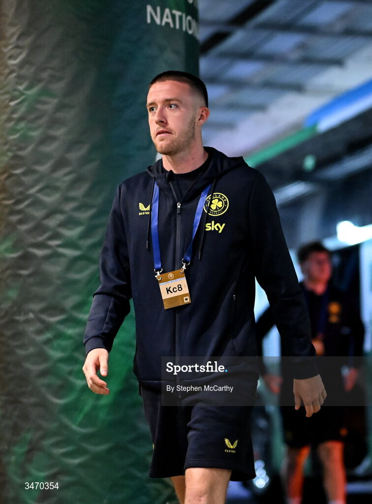 28 May 2026; Jack Moylan of Republic of Ireland arrives before the international friendly match between Republic of Ireland and Qatar at the Aviva Stadium in Dublin. Photo by Stephen McCarthy/Sportsfile