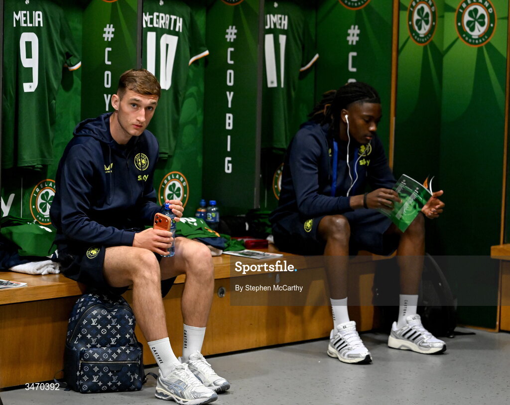 28 May 2026; Republic of Ireland's Mason Melia, left, and Jaden Umeh in the dressing room before the international friendly match between Republic of Ireland and Qatar at the Aviva Stadium in Dublin. Photo by Stephen McCarthy/Sportsfile