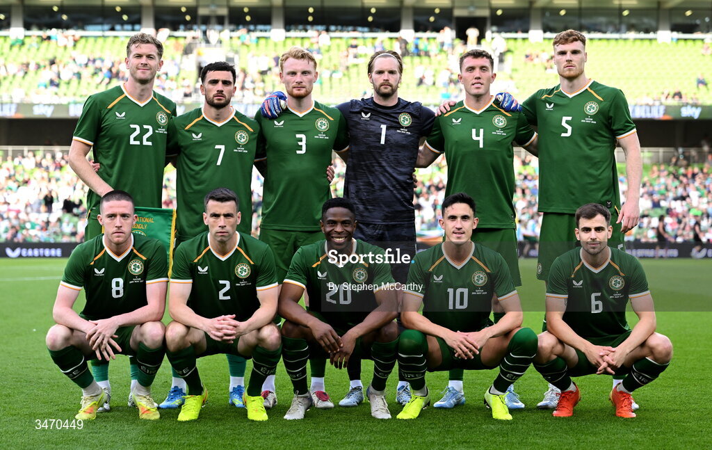 28 May 2026; The Republic of Ireland team, back row from left, Nathan Collins, Troy Parrott, Liam Scales, goalkeeper Caoimhin Kelleher, Dara O'Shea and Jake O'Brien, front row from left, Jack Moylan, Seamus Coleman, Chiedozie Ogbene, Jamie McGrath, and Jayson Molumby, before the international friendly match between Republic of Ireland and Qatar at the Aviva Stadium in Dublin. Photo by Stephen McCarthy/Sportsfile