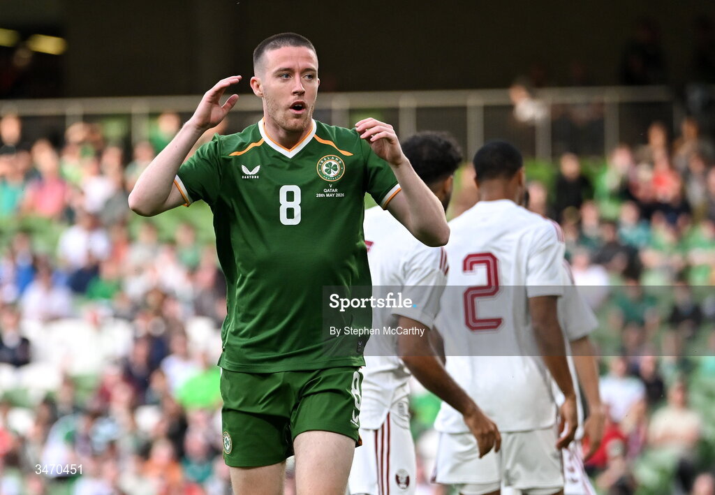 28 May 2026; Jack Moylan of Republic of Ireland reacts during the international friendly match between Republic of Ireland and Qatar at the Aviva Stadium in Dublin. Photo by Stephen McCarthy/Sportsfile