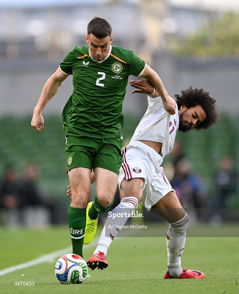 28 May 2026; Seamus Coleman of Republic of Ireland in action against Akram Afif of Qatar during the international friendly match between Republic of Ireland and Qatar at the Aviva Stadium in Dublin. Photo by Stephen McCarthy/Sportsfile