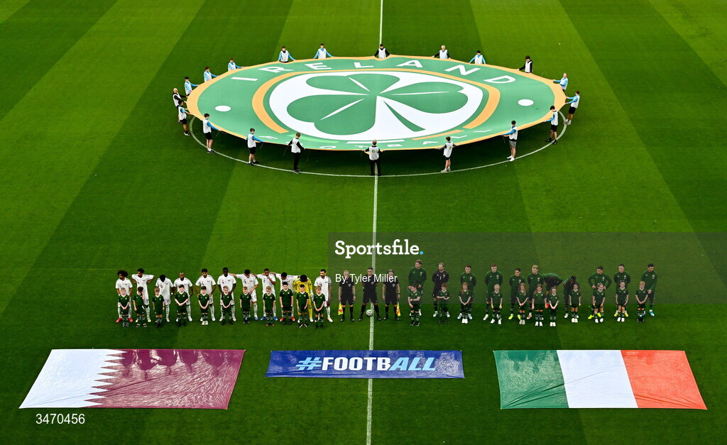 28 May 2026; Players and officials line-up before the international friendly match between Republic of Ireland and Qatar at the Aviva Stadium in Dublin. Photo by Tyler Miller/Sportsfile