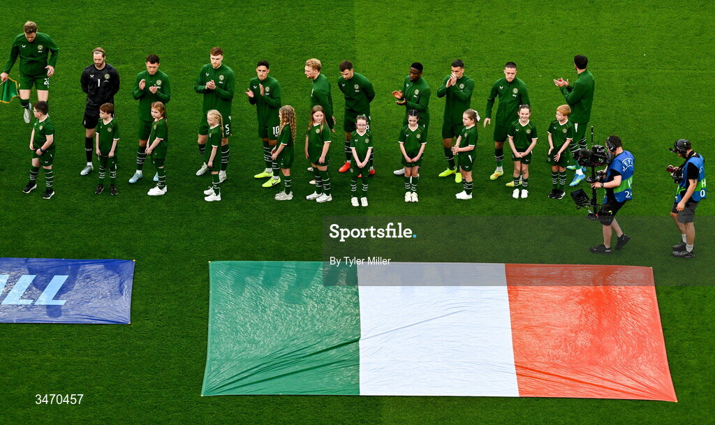 28 May 2026; Republic of Ireland players before the international friendly match between Republic of Ireland and Qatar at the Aviva Stadium in Dublin. Photo by Tyler Miller/Sportsfile