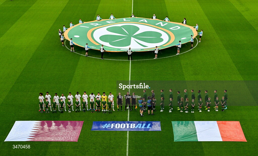 28 May 2026; Players and officials line-up before the international friendly match between Republic of Ireland and Qatar at the Aviva Stadium in Dublin. Photo by Tyler Miller/Sportsfile