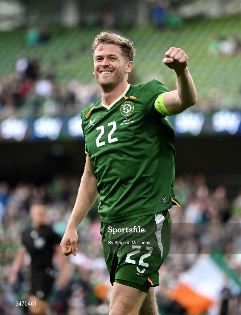 28 May 2026; Nathan Collins of Republic of Ireland celebrates after scoring his side's first goal during the international friendly match between Republic of Ireland and Qatar at the Aviva Stadium in Dublin. Photo by Stephen McCarthy/Sportsfile